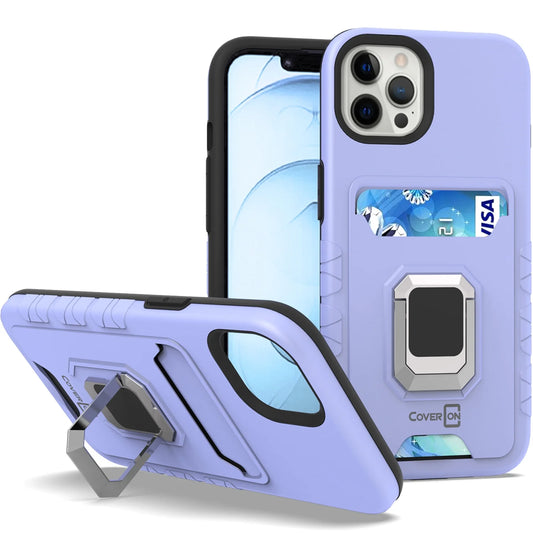 for Apple Iphone 13 Pro Case, Kickstand Ring Credit Card Slot Rugged Phone Cover Magnetic Holder, Purple