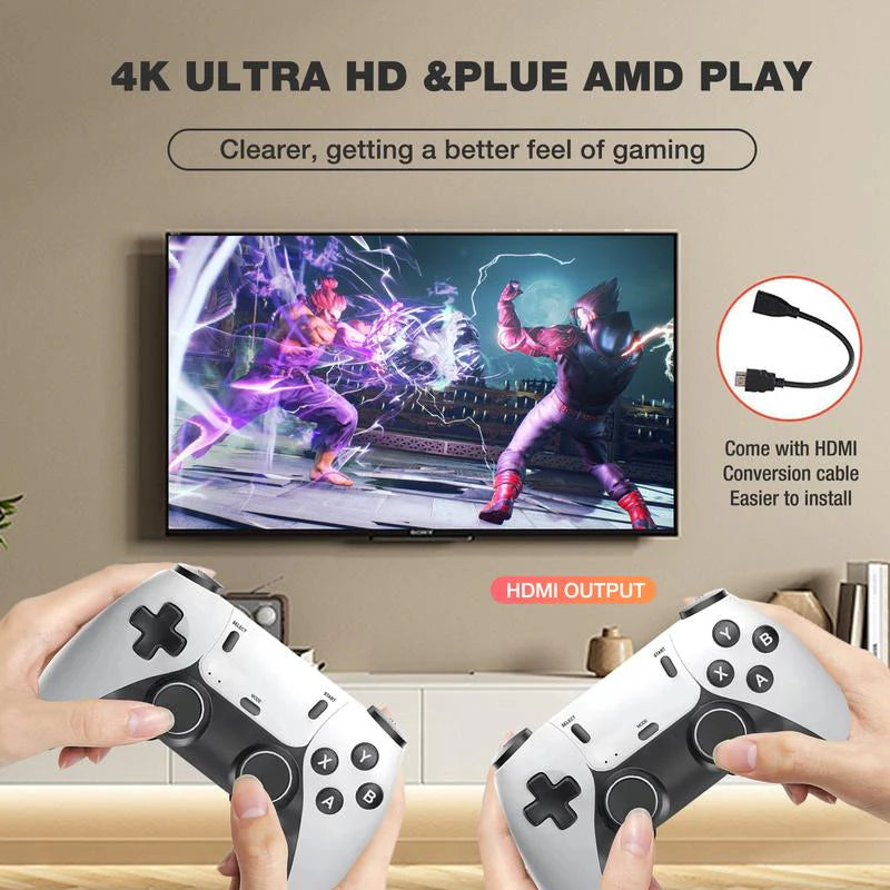 - 2025 Newest Retro Game Console Stick with 4K HDMI Games Upgrade Dual 2.4G Wireless Two Controllers