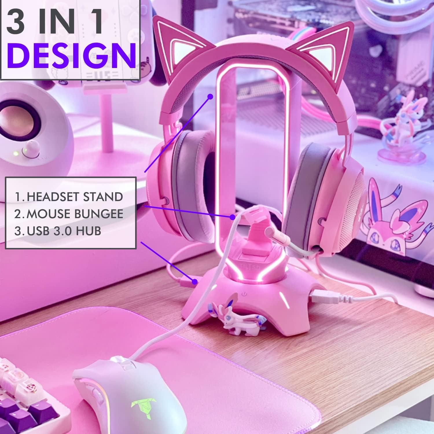 Gaming Headphone Stand | Pink Headset Stand | RGB Headset Holder for Desk with Mouse Bungee and USB Hub | Cute Headphone Stand for Gamer Girl Accessories