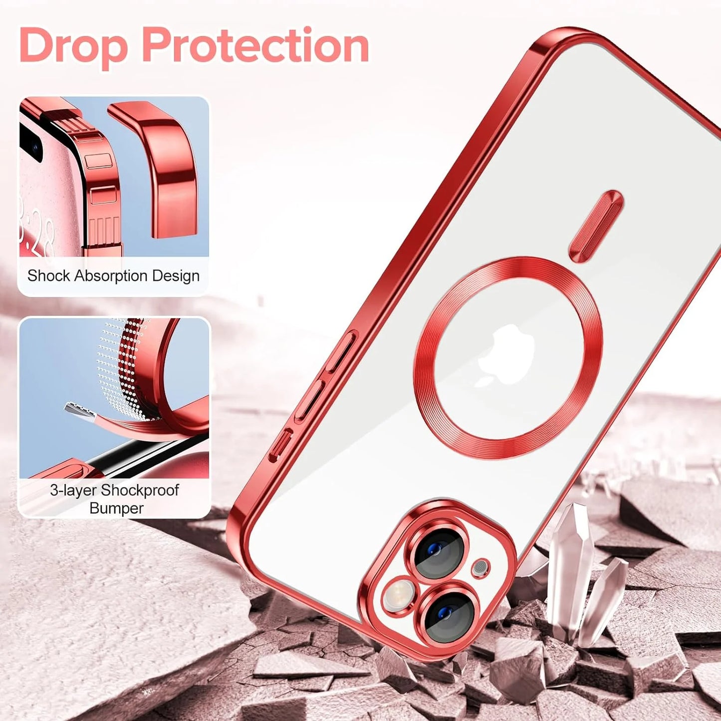 Transparent Phone Case for Apple Iphone 13 Clear Magnetic Case, [Yellow Resistant] Slim Fit Shockproof Transparent Crystal Clear Magnetic Case for Apple Iphone 13, Red