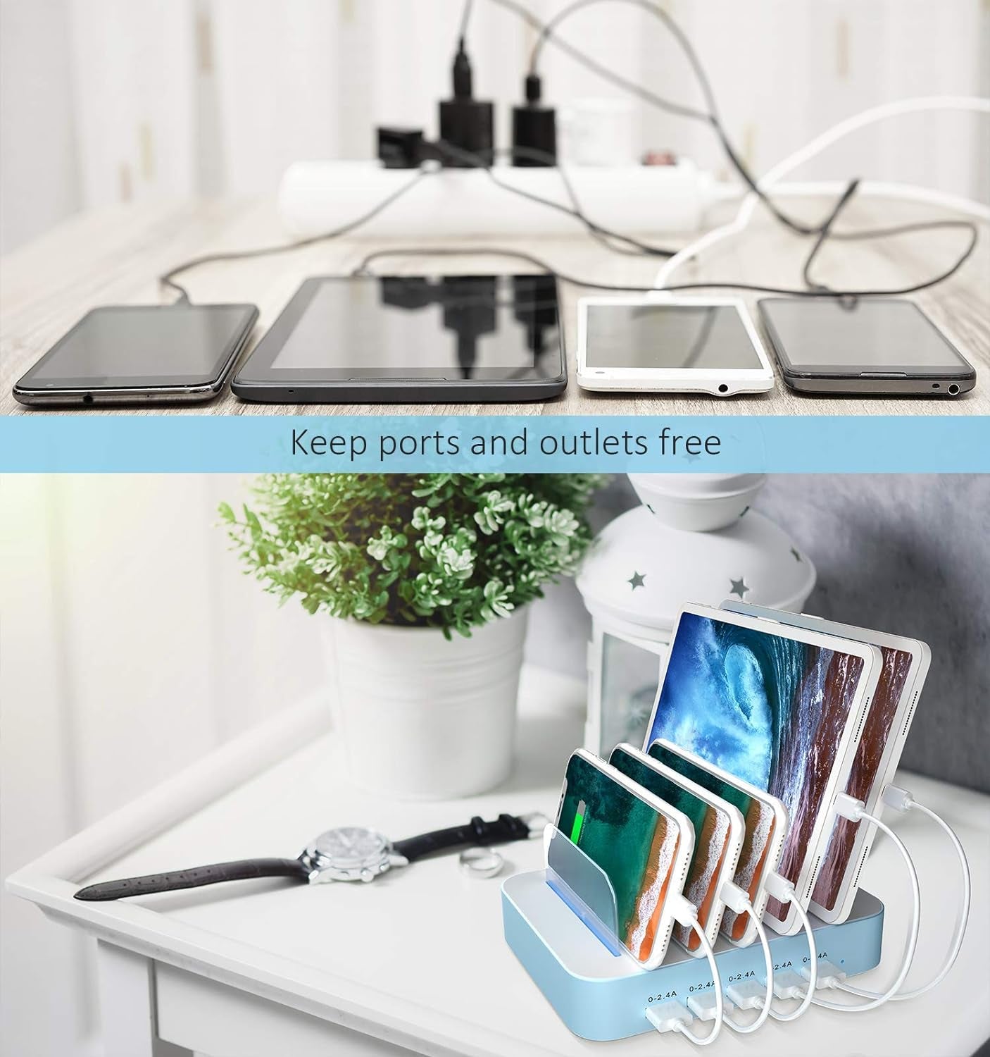 Multi-Device Charging Station with 5 USB Ports and 7 Short Mixed Cables, Compatible with iPhone, iPad, Smartphones, Tablets, and Other Electronics, Blue