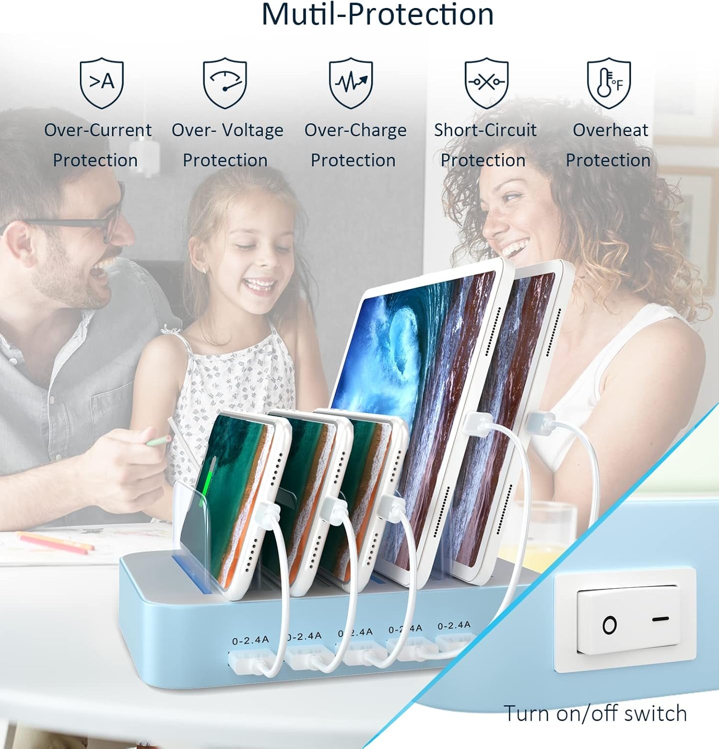 Multi-Device Charging Station with 5 USB Ports and 7 Short Mixed Cables, Compatible with iPhone, iPad, Smartphones, Tablets, and Other Electronics, Blue