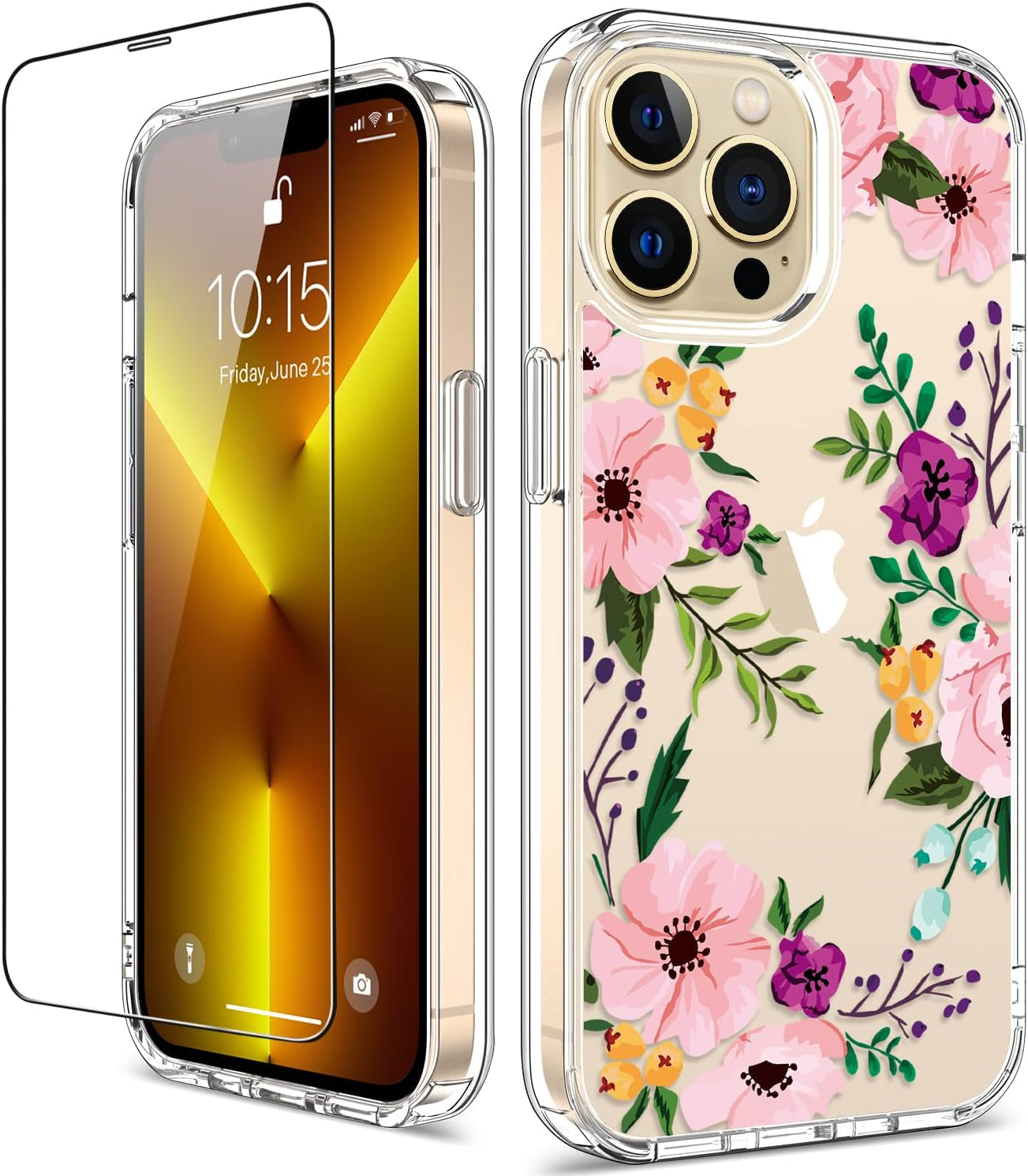 for Iphone 13 Pro Max Case with Screen Protector, 6.7 Inch Clear Shockproof Protective Floral Girls Women Hard Case with TPU Bumper Cover Phone Case for Iphone 13 Pro Max, Small Flowers