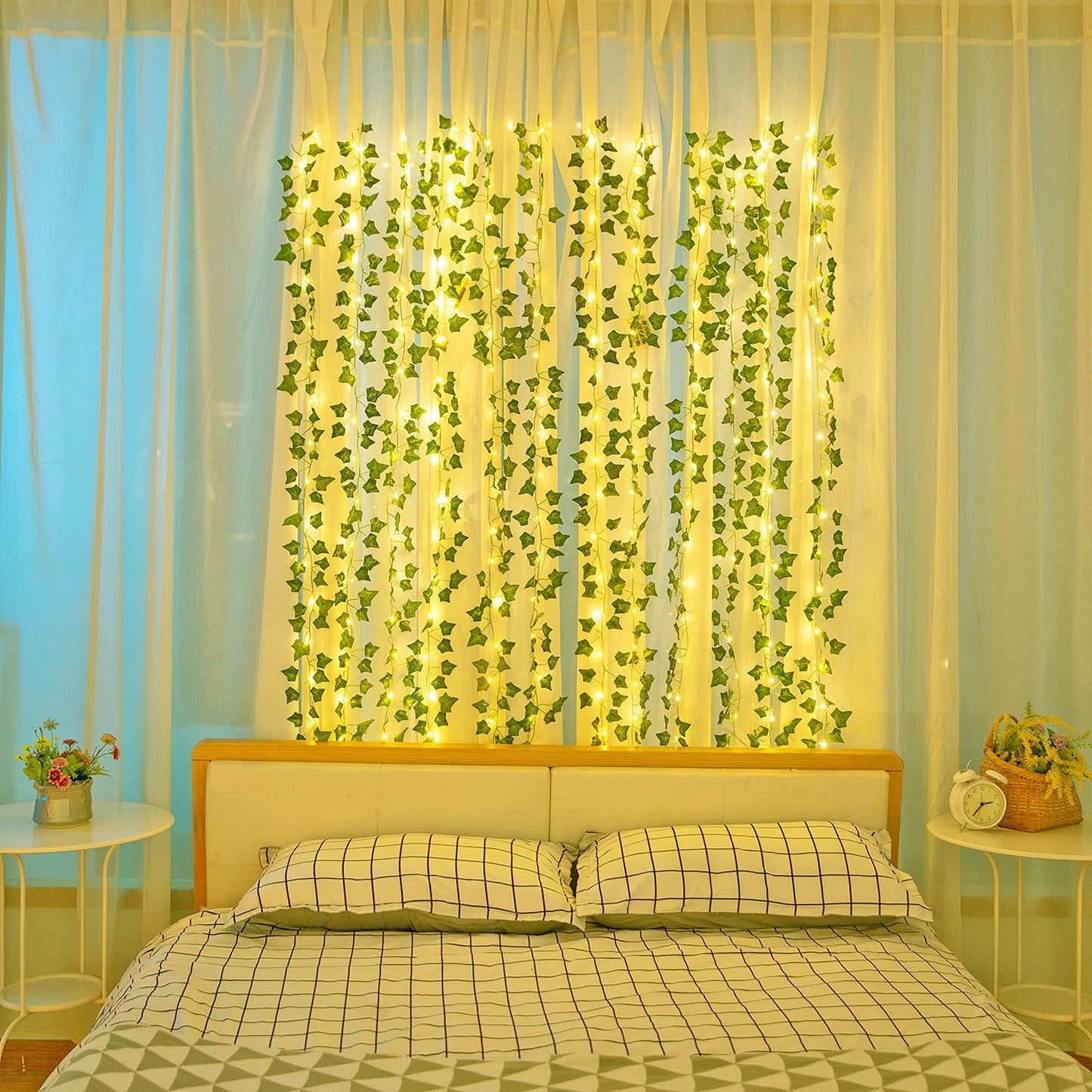 12 Pcs Artificial Ivy Garland Fake Vines with 65 Ft Lights String (200 LED) Decor Faux Green Hanging Plant Greenery for Wall Party Wedding Room Home Kitchen Indoor & Outdoor Decoration