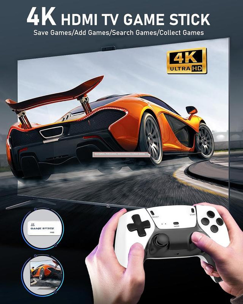 - 2025 Newest Retro Game Console Stick with 4K HDMI Games Upgrade Dual 2.4G Wireless Two Controllers