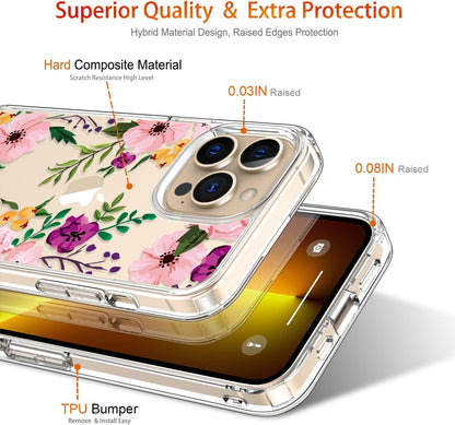 for Iphone 13 Pro Max Case with Screen Protector, 6.7 Inch Clear Shockproof Protective Floral Girls Women Hard Case with TPU Bumper Cover Phone Case for Iphone 13 Pro Max, Small Flowers