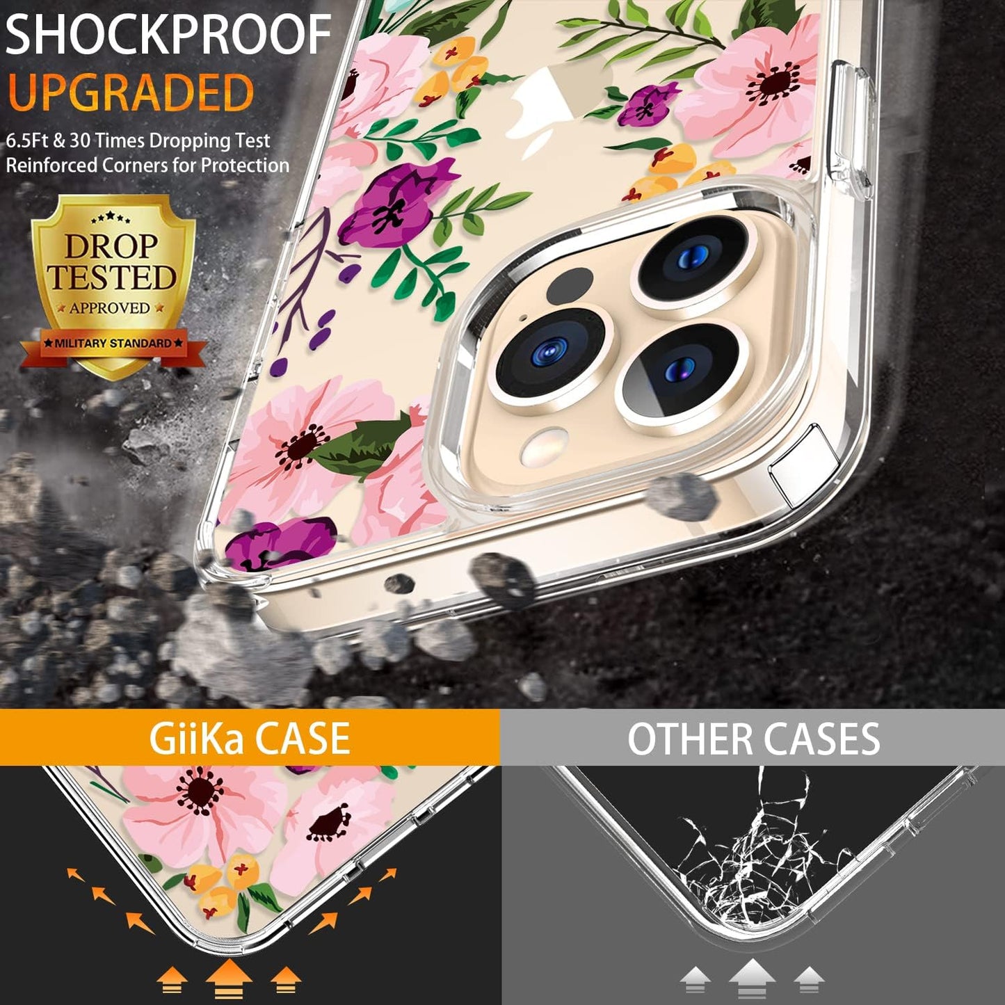 for Iphone 13 Pro Max Case with Screen Protector, 6.7 Inch Clear Shockproof Protective Floral Girls Women Hard Case with TPU Bumper Cover Phone Case for Iphone 13 Pro Max, Small Flowers