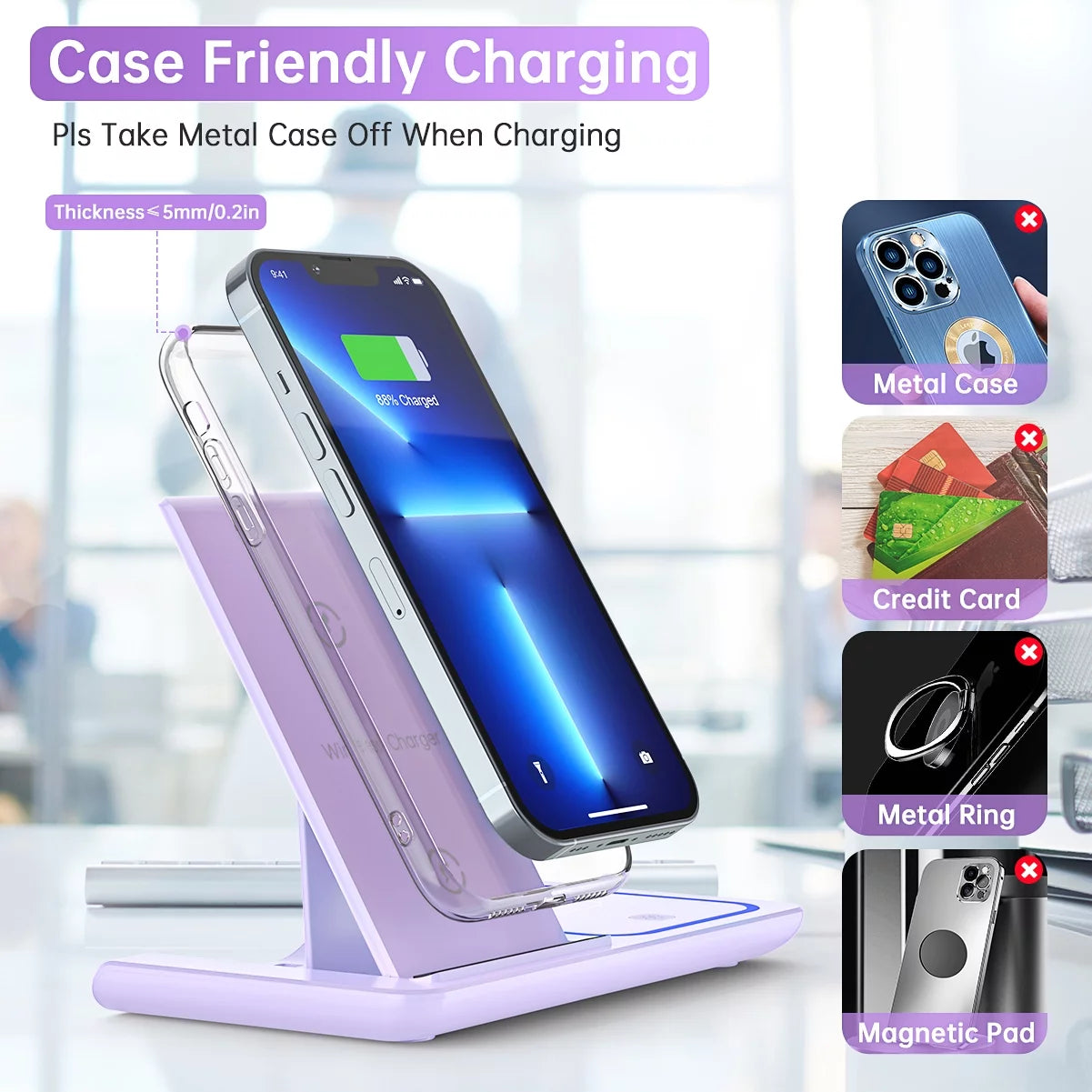 Wireless Charging Station, 3 in 1 Wireless Charger for Iphone 16/15/14/13/12/11/Pro/Pro Max/Xs, Sumsung Galaxy S26 S25 S23, 18W Charging Dock for Iwatch 10/9/8/7/6/5/4/3, Airpods 4/3/2/Pro(Purple)