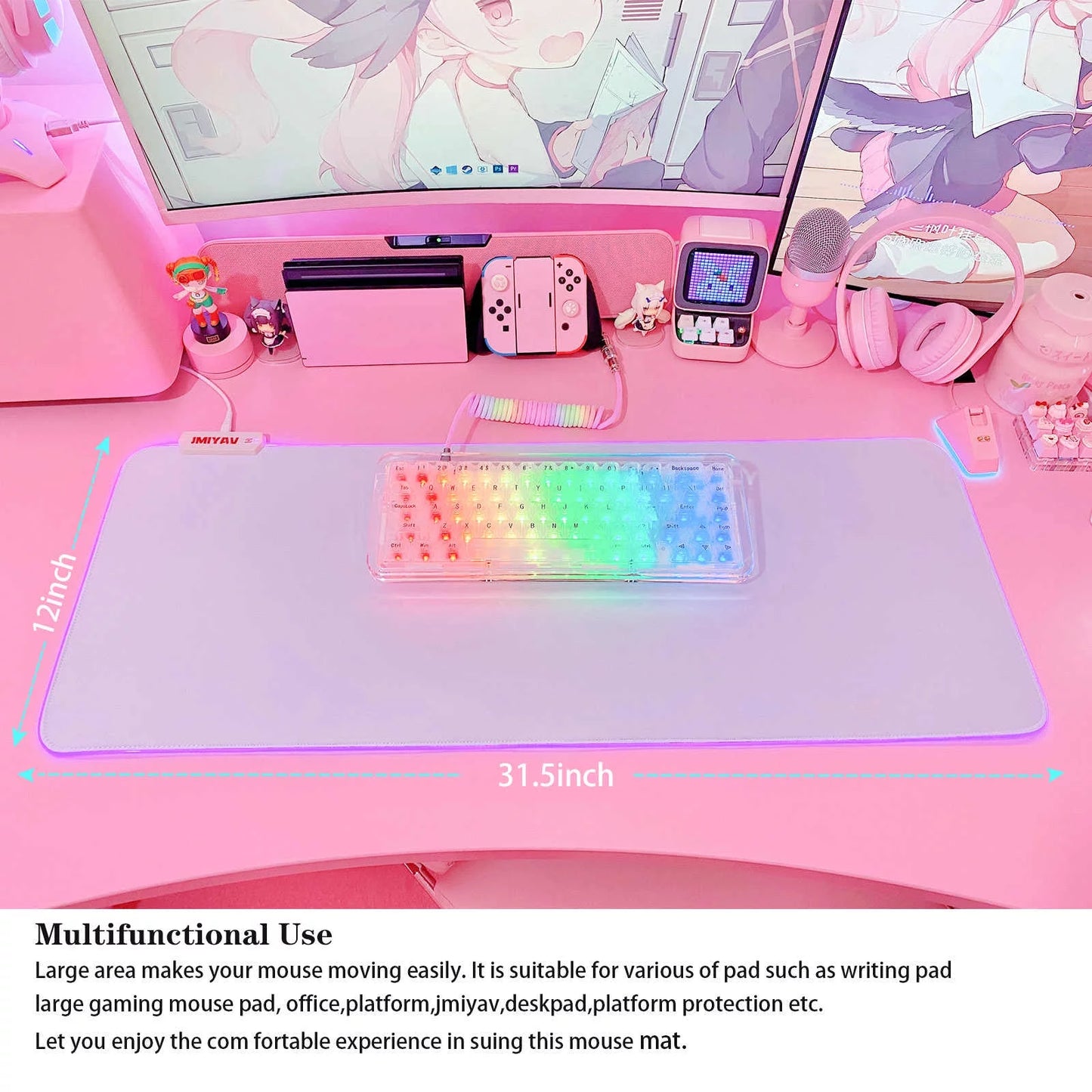 Gaming Mouse Pad White RGB Mousepad Non-Slip Rubber Base Extra Large Cool XL XXL Computer Desk Pad Gaming Accessories LED Light up  Extended Big Keyboard and Mouse Pad for Gamer (31.5X12In)