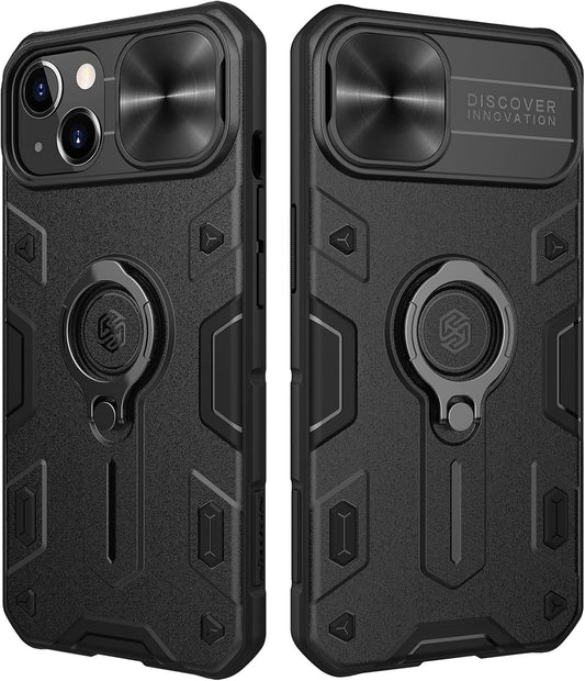 Case for Iphone 13 with Camera Cover & Kickstand, Camshield Armor Shockproof Impact-Resistant Case Protection Cover Built-In 360° Rotate Ring Stand (Black)