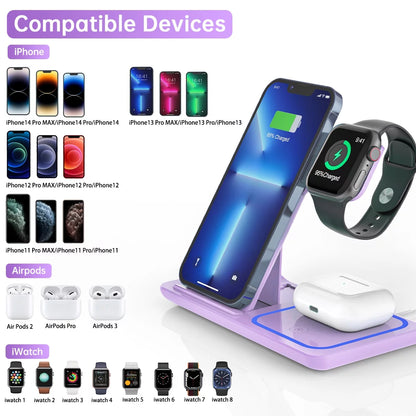 Wireless Charging Station, 3 in 1 Wireless Charger for Iphone 16/15/14/13/12/11/Pro/Pro Max/Xs, Sumsung Galaxy S26 S25 S23, 18W Charging Dock for Iwatch 10/9/8/7/6/5/4/3, Airpods 4/3/2/Pro(Purple)