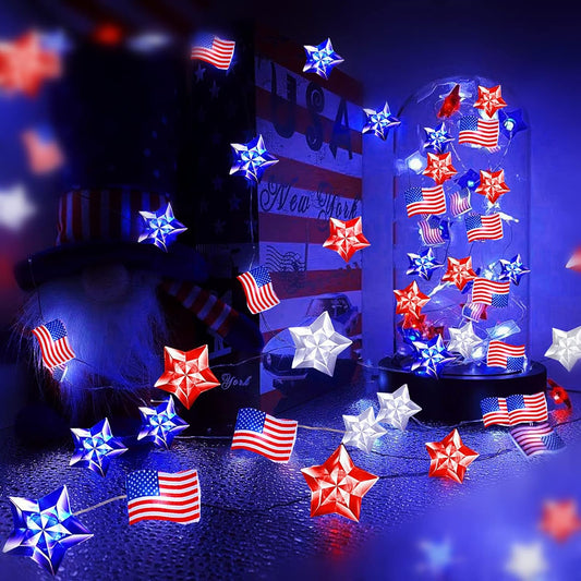 4Th of July Decorations Lights, 13Ft 40 Leds Red White Bule Stars and American Flag String Lights, 8 Modes Waterproof Fairy Lights with Remote for Independence Day Memorial Day Patriotic Decor