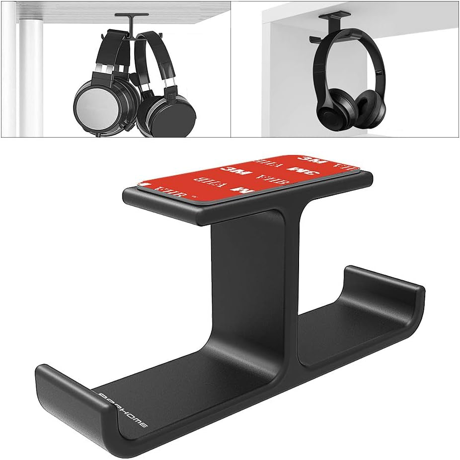 Headphone Hanger Stand under Desk Hook Aluminum Stick-On Adhesive Dual Headsets Holder Mount PC Gaming Accessories for All Headphones