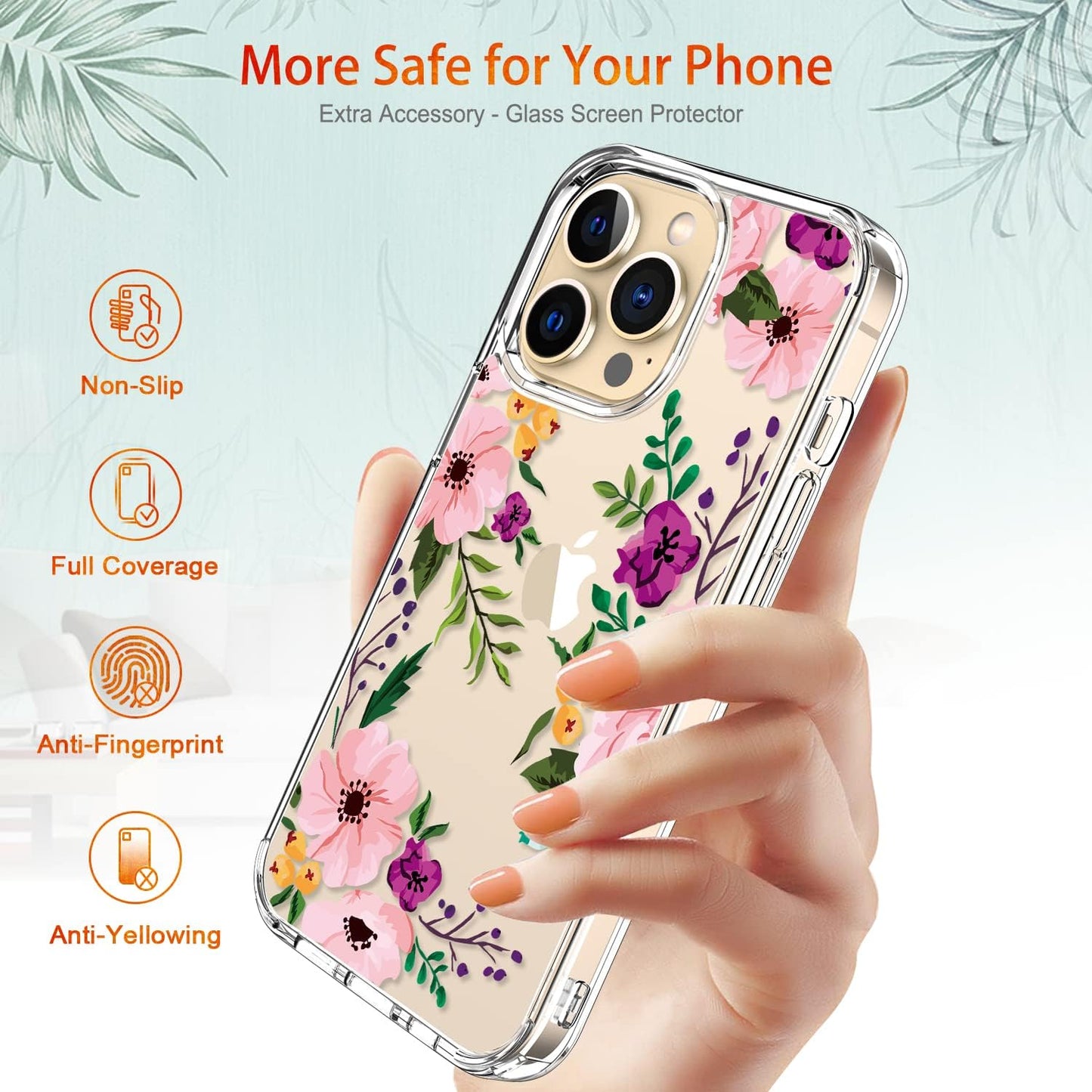 for Iphone 13 Pro Max Case with Screen Protector, 6.7 Inch Clear Shockproof Protective Floral Girls Women Hard Case with TPU Bumper Cover Phone Case for Iphone 13 Pro Max, Small Flowers