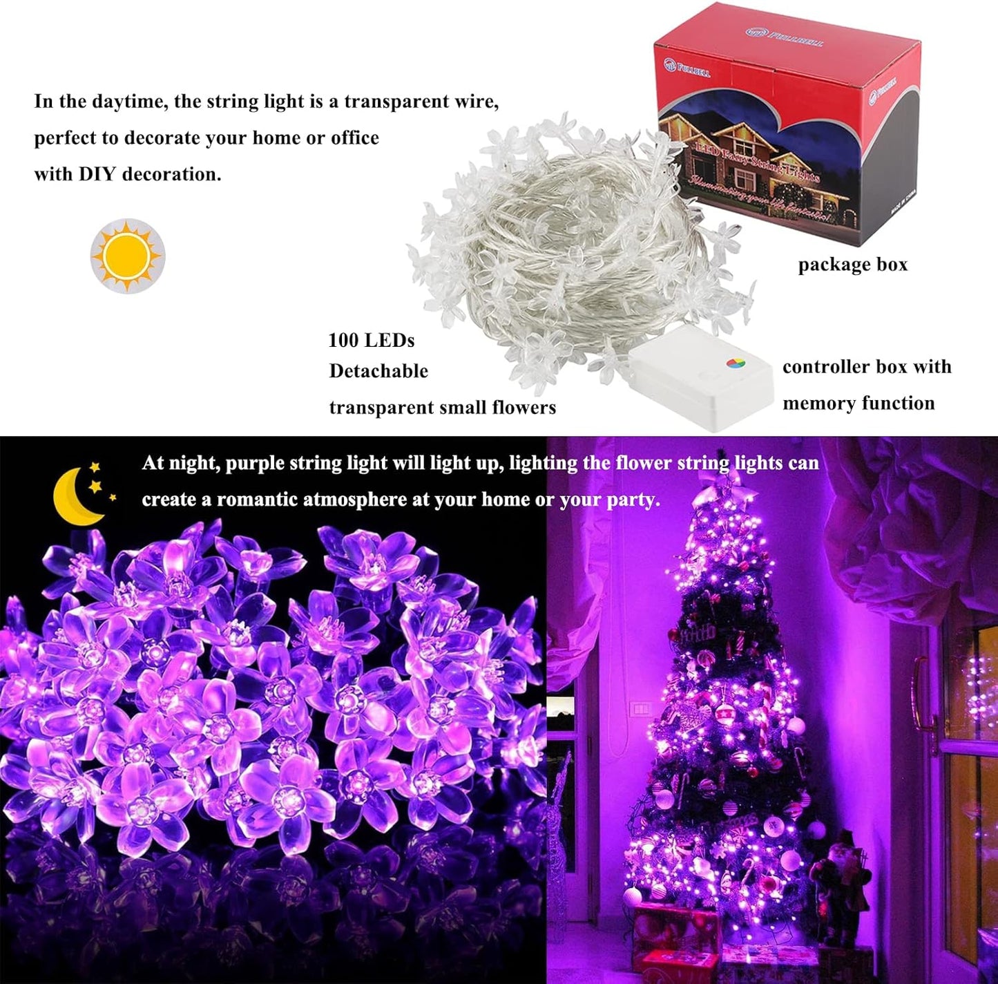 String Lights, Purple Lights Valentines Day Decorations Flower String Lights 33 Feet 100LED 8 Modes Wedding Party Indoor Outdoor Flower Lights Bedroom Birthday Room Decor (Purple)