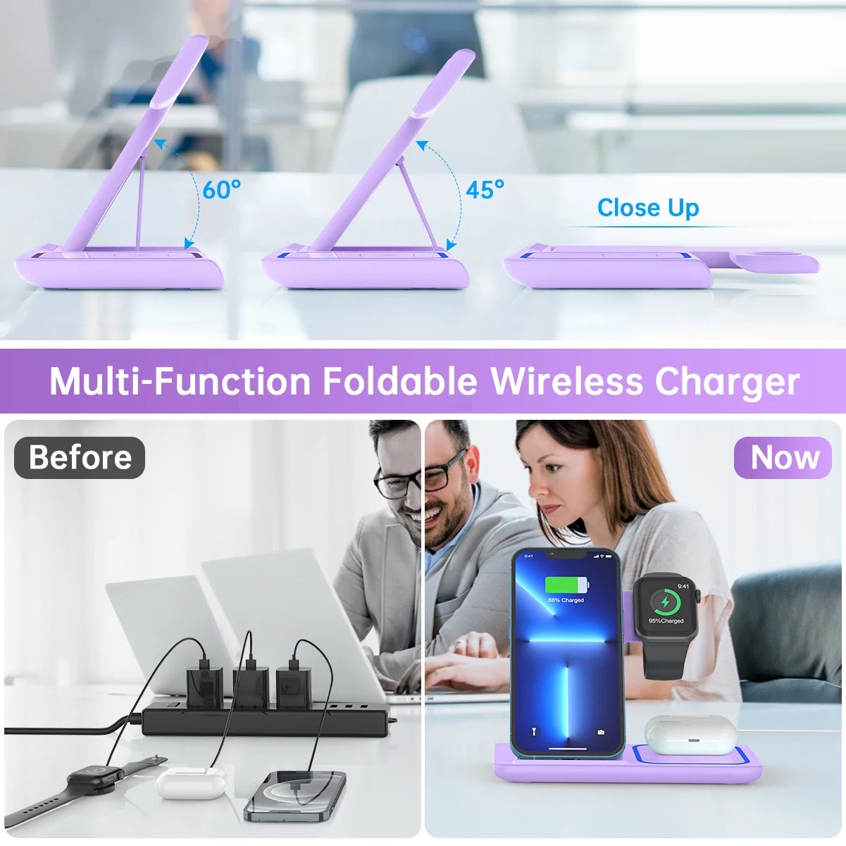 Wireless Charging Station, 3 in 1 Wireless Charger for Iphone 16/15/14/13/12/11/Pro/Pro Max/Xs, Sumsung Galaxy S26 S25 S23, 18W Charging Dock for Iwatch 10/9/8/7/6/5/4/3, Airpods 4/3/2/Pro(Purple)