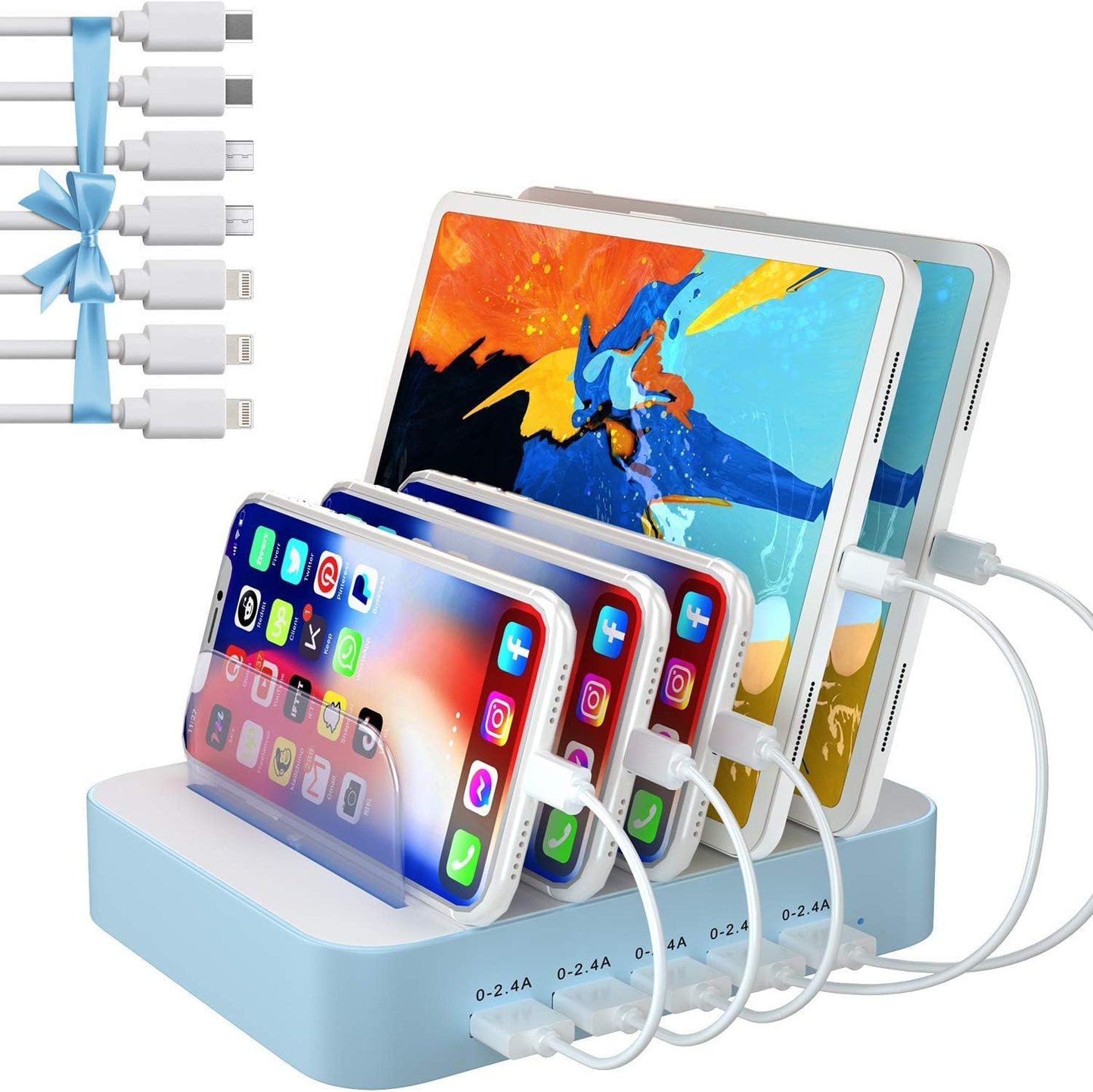 Multi-Device Charging Station with 5 USB Ports and 7 Short Mixed Cables, Compatible with iPhone, iPad, Smartphones, Tablets, and Other Electronics, Blue