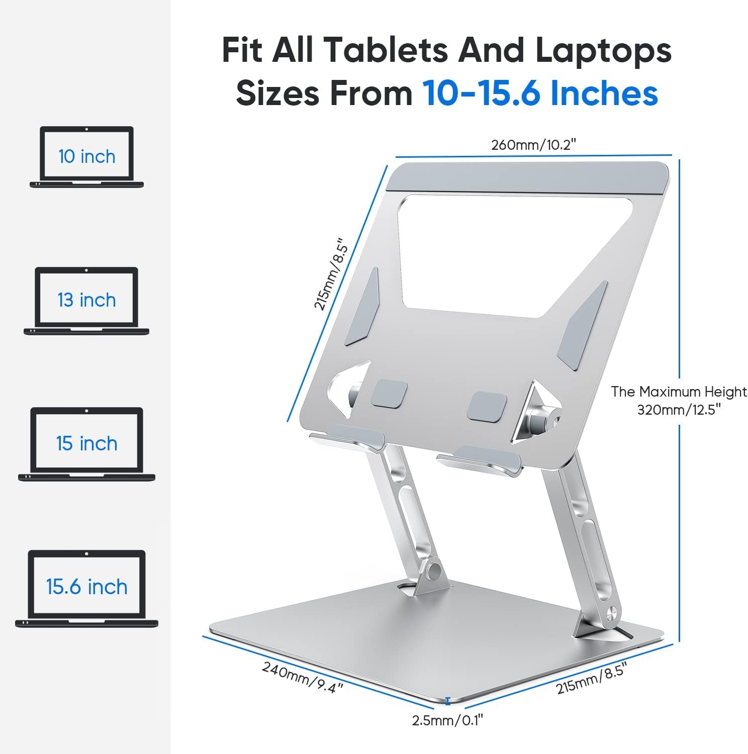 Laptop Stand for Desk, Folding Computer Stand, Ergonomic Adjustable Notebook Stand, Laptop Lifter Stand, Riser Holder Computer Stand Compatible with 10"-15.6" Laptops Silver