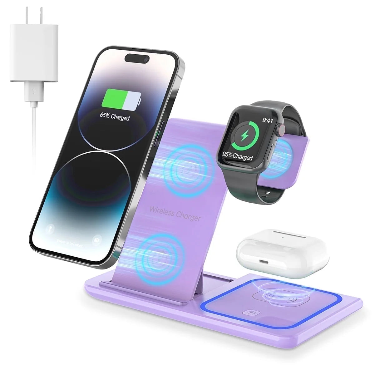 Wireless Charging Station, 3 in 1 Wireless Charger for Iphone 16/15/14/13/12/11/Pro/Pro Max/Xs, Sumsung Galaxy S26 S25 S23, 18W Charging Dock for Iwatch 10/9/8/7/6/5/4/3, Airpods 4/3/2/Pro(Purple)