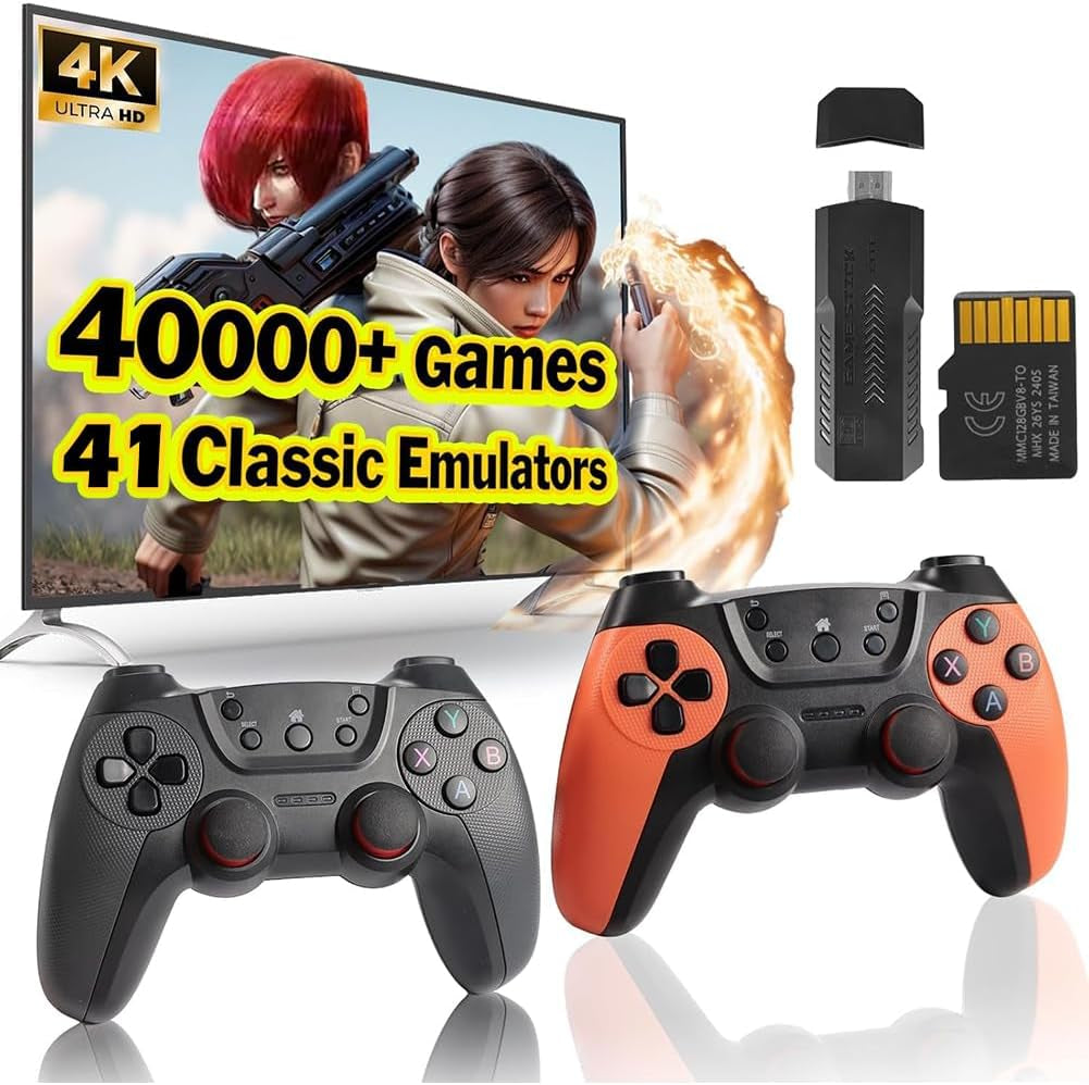 - 2025 Newest Retro Game Console Stick with 4K HDMI Games Upgrade Dual 2.4G Wireless Two Controllers