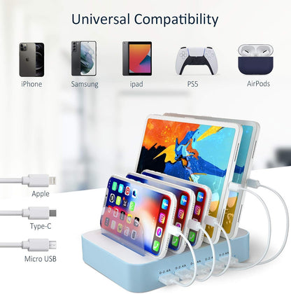 Multi-Device Charging Station with 5 USB Ports and 7 Short Mixed Cables, Compatible with iPhone, iPad, Smartphones, Tablets, and Other Electronics, Blue