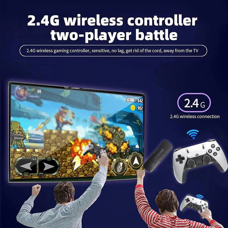 - 2025 Newest Retro Game Console Stick with 4K HDMI Games Upgrade Dual 2.4G Wireless Two Controllers