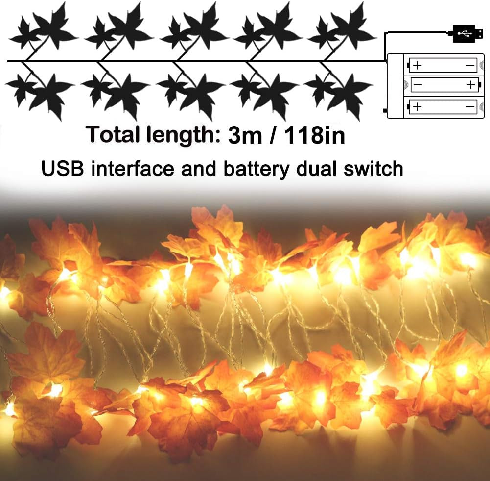 Thanksgiving Decorations Maple Leaf String Lights, 10FT/20LED Fall Maple Leaves String Lights, USB or Battery Powered Maple Leaf Fairy Lights for Autumn Harvest Decor Fireplace Christmas Party