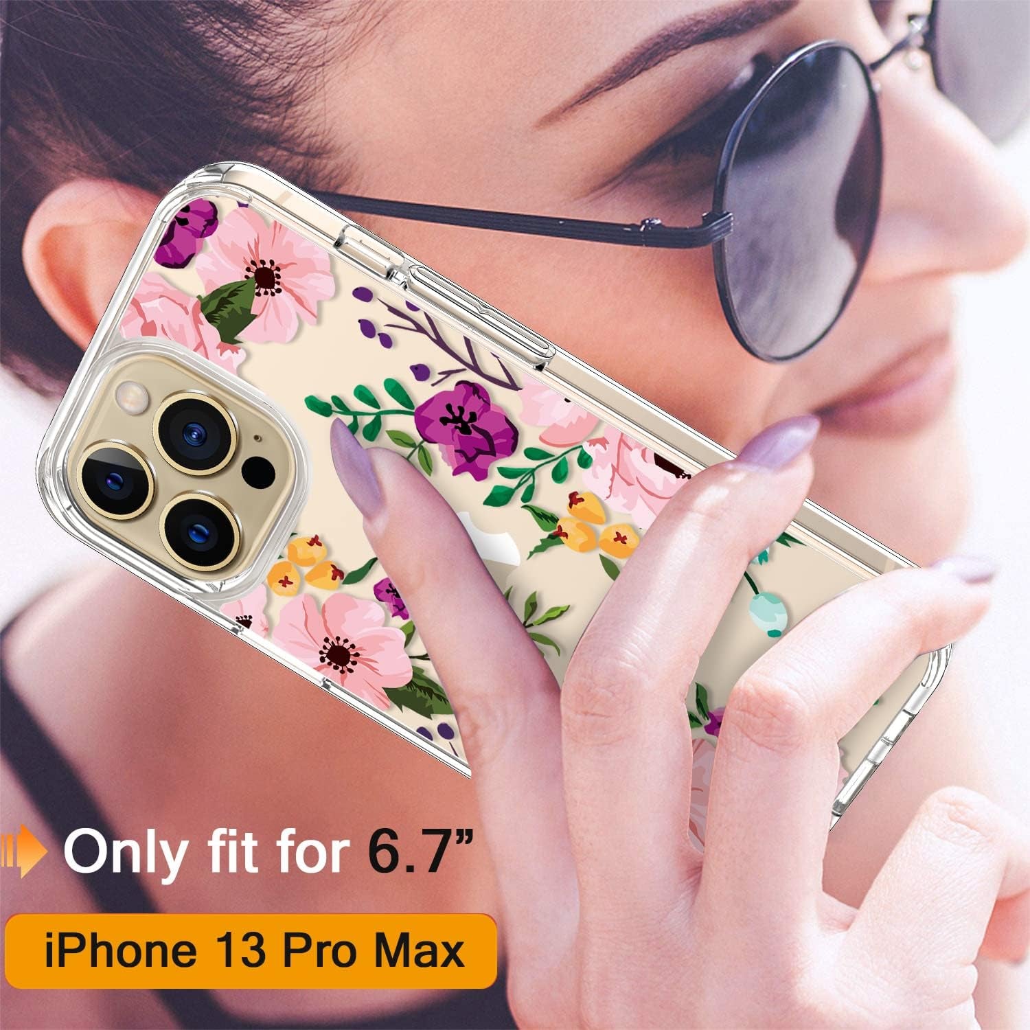 for Iphone 13 Pro Max Case with Screen Protector, 6.7 Inch Clear Shockproof Protective Floral Girls Women Hard Case with TPU Bumper Cover Phone Case for Iphone 13 Pro Max, Small Flowers