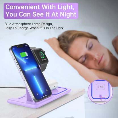 Wireless Charging Station, 3 in 1 Wireless Charger for Iphone 16/15/14/13/12/11/Pro/Pro Max/Xs, Sumsung Galaxy S26 S25 S23, 18W Charging Dock for Iwatch 10/9/8/7/6/5/4/3, Airpods 4/3/2/Pro(Purple)