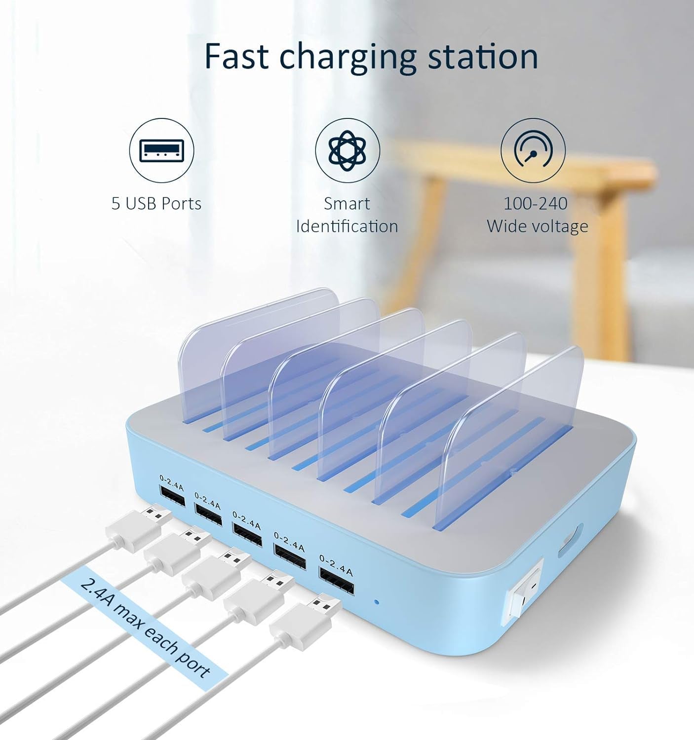 Multi-Device Charging Station with 5 USB Ports and 7 Short Mixed Cables, Compatible with iPhone, iPad, Smartphones, Tablets, and Other Electronics, Blue